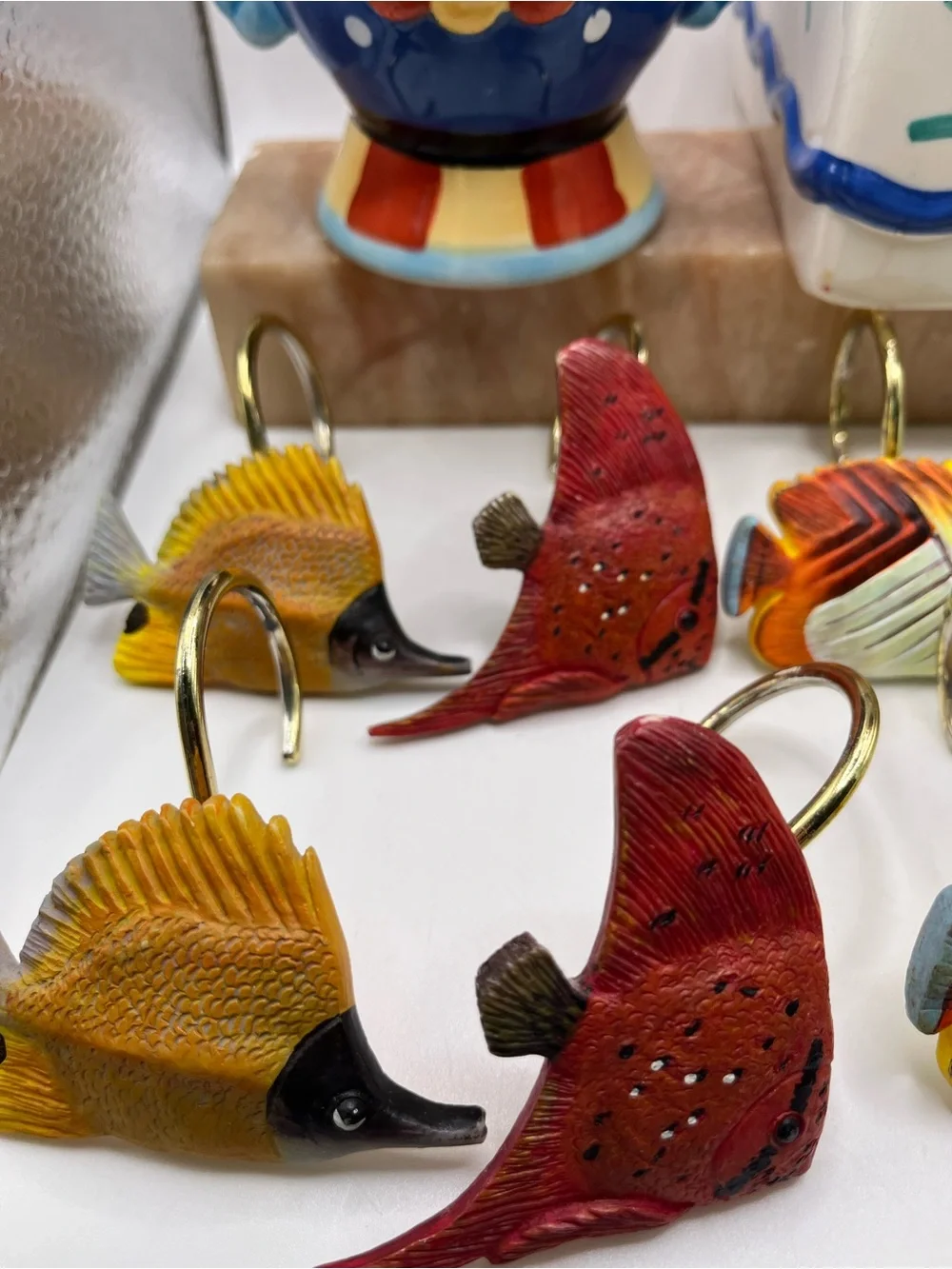 Coco Dowley Bacova Guild Ceramic Colorful Fish Tissue Cover Soap Dispenser Hooks